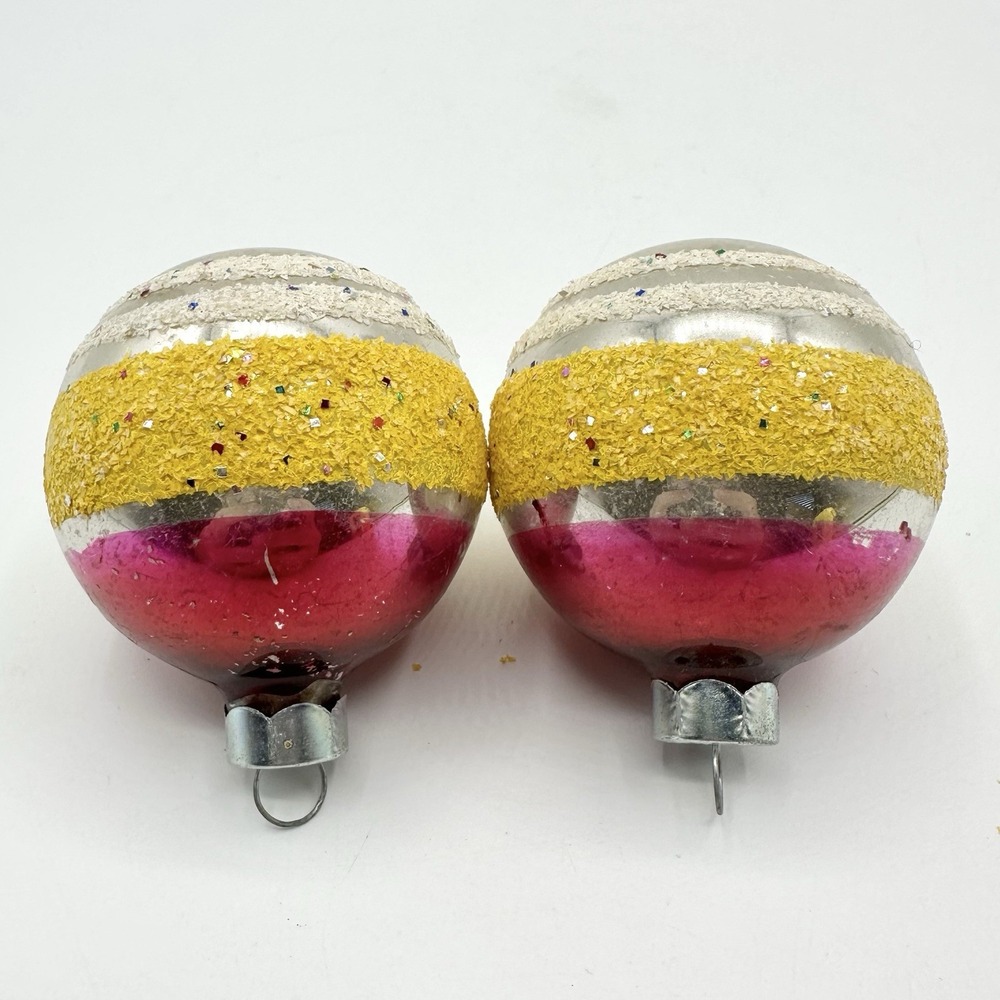2 Vintage Christmas Ornaments Silver Ball Mica Glitter Stripes Pink Yellow